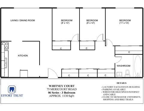 A floor plan of a Whitney Court apartment showing a living room, kitchen, and three bedrooms.